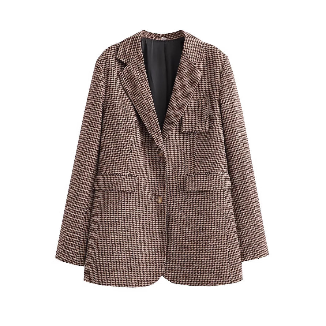 Damen modische Karoblazerjacke mit tailliertem Schnitt und großen Pattentaschen Sovae