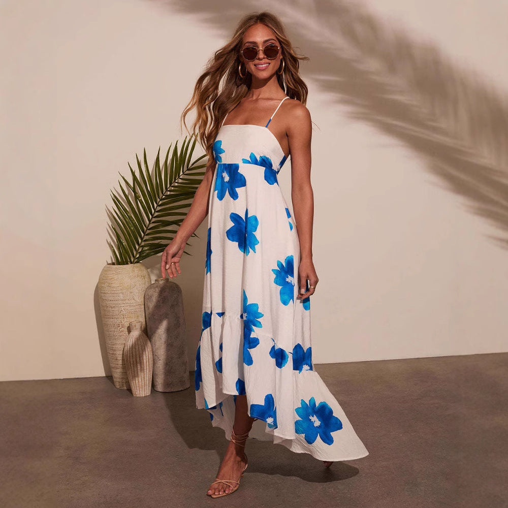 Damen fließendes Maxikleid mit buntem Blumenmuster und verstellbaren Spaghettiträgern Sovae