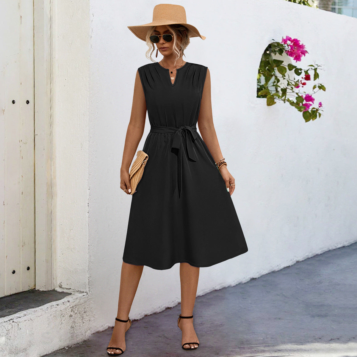 Damen Midi-Kleid mit elegantem Taillengürtel und modischem Faltenrock Sovae