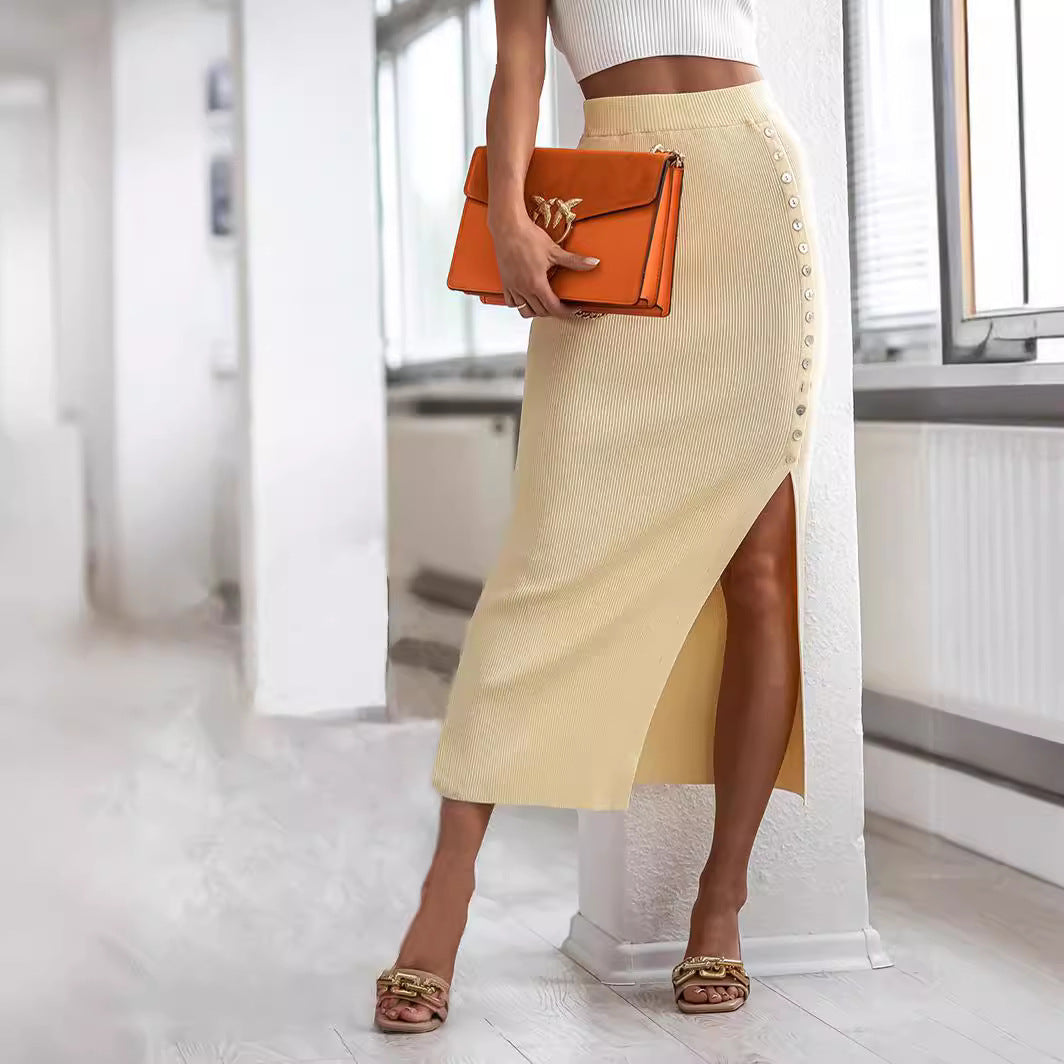 Damen Strickrock mit seitlichen Knöpfen und hohem Schlitz Sovae