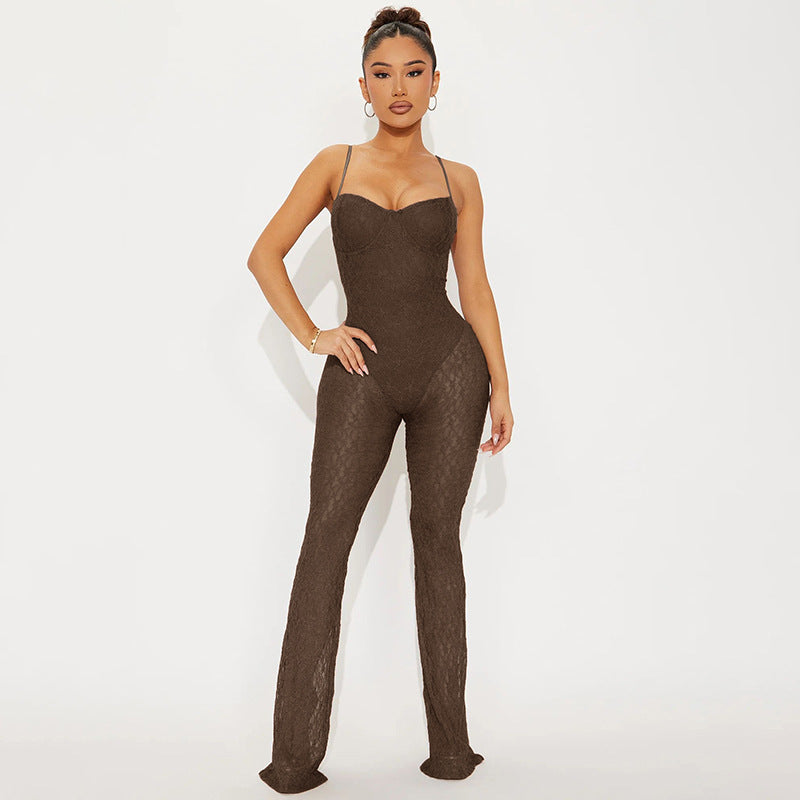 Damen Babydoll Jumpsuit mit transparenter Spitze Sovae