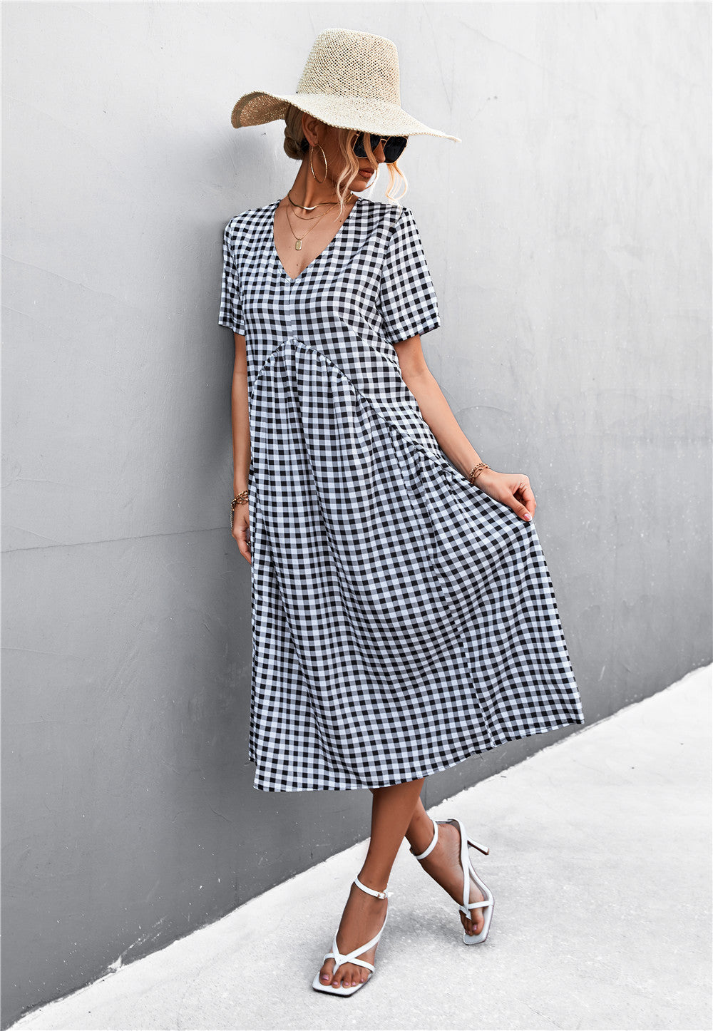 Damen V-Ausschnitt Midikleid mit kariertem Design und ausgestelltem Rock Sovae