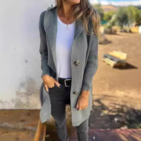 Damen lange Strickjacke mit Kapuze und Taschen Sovae