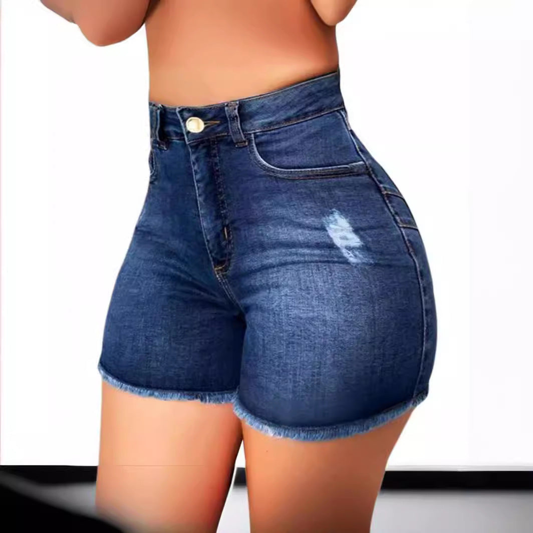 Damen High-Waist Denim-Shorts mit fransigem Saum Sovae