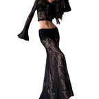 Damen Spitzen-Crop-Top mit verspieltem Schnürdetails und langen Ärmeln Sovae