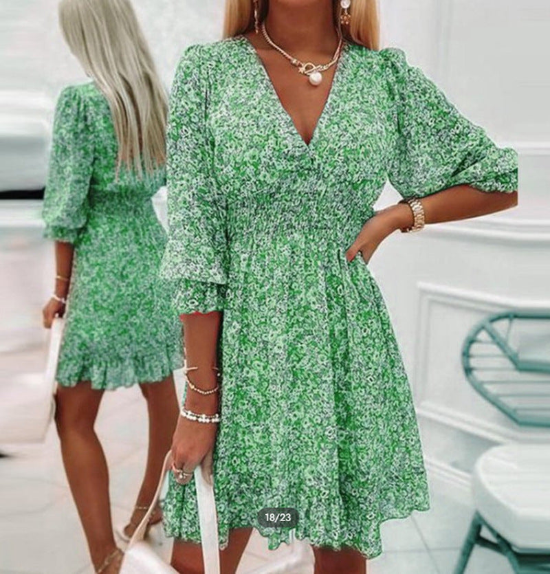 Damen Freizeitkleid mit floralem Muster und hohen Ärmeln Sovae