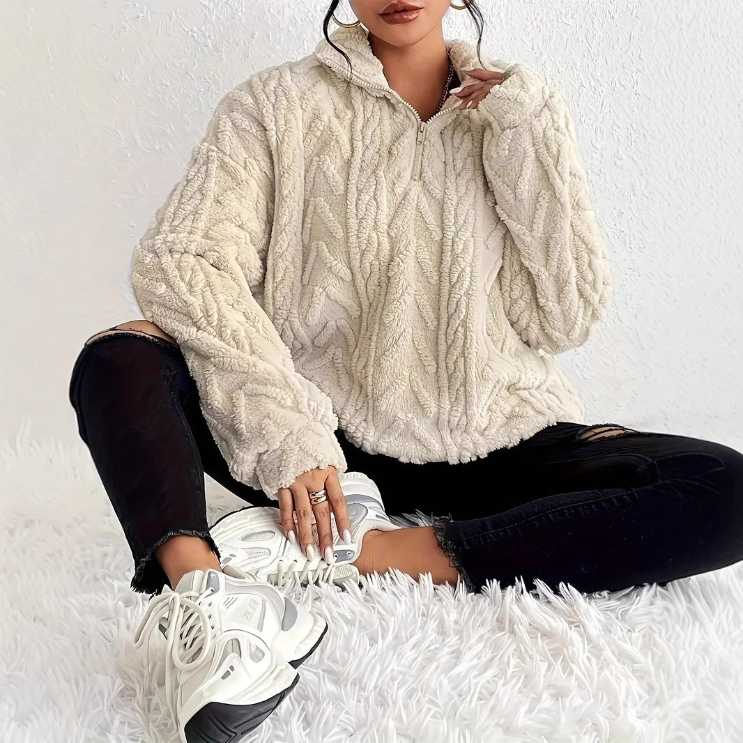 Damen gemütlicher Fleece-Pullover mit halbem Reißverschluss und strukturiertem Muster Sovae
