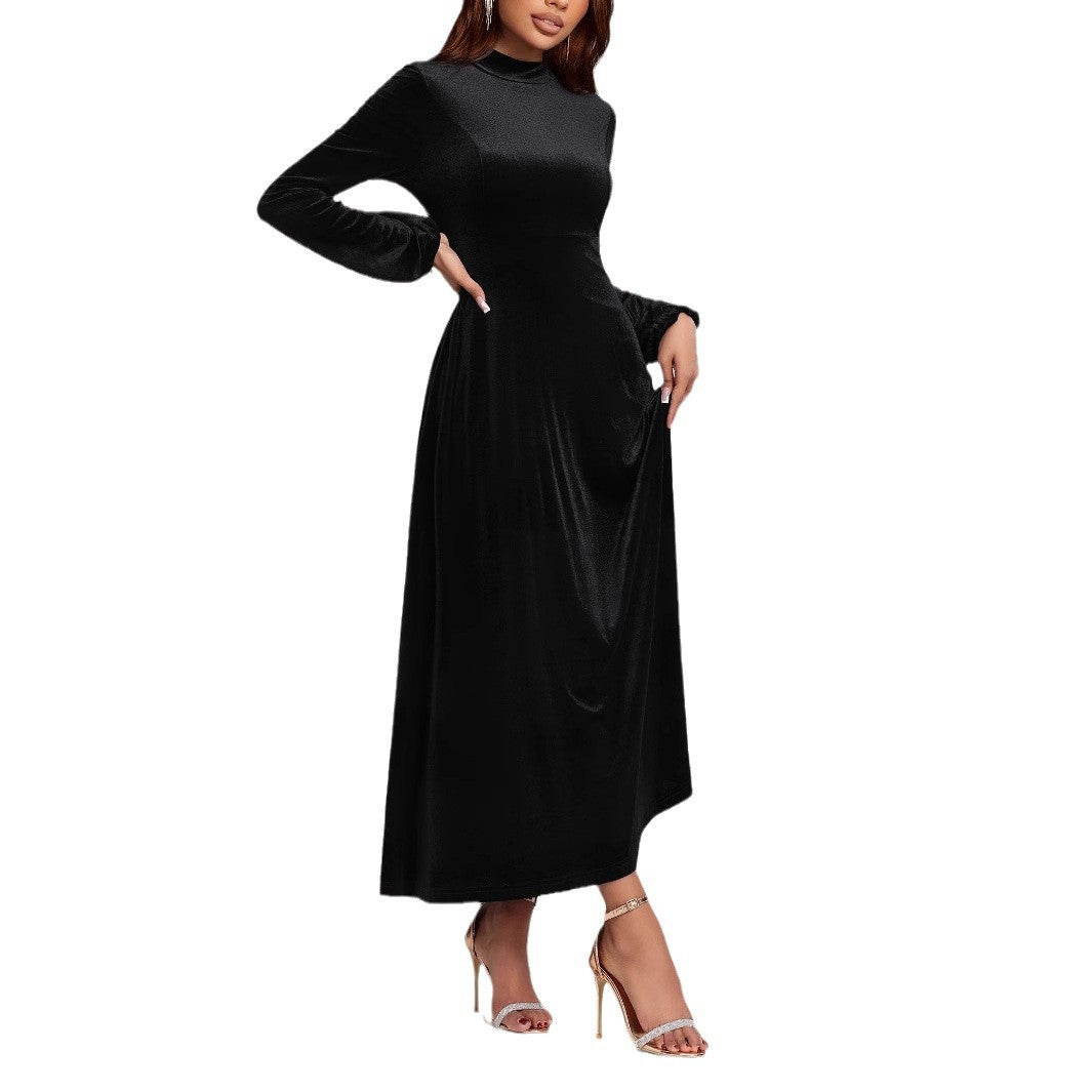 Damen elegantes Maxikleid aus hochwertigem Samt mit langem Arm und hohem Kragen Sovae