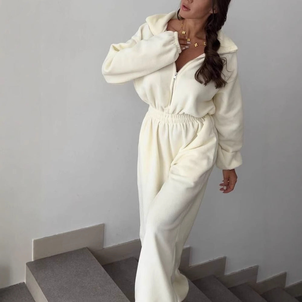 Damen Fleece-Loungeanzug mit hohem Kragen und elastischer Taille Sovae