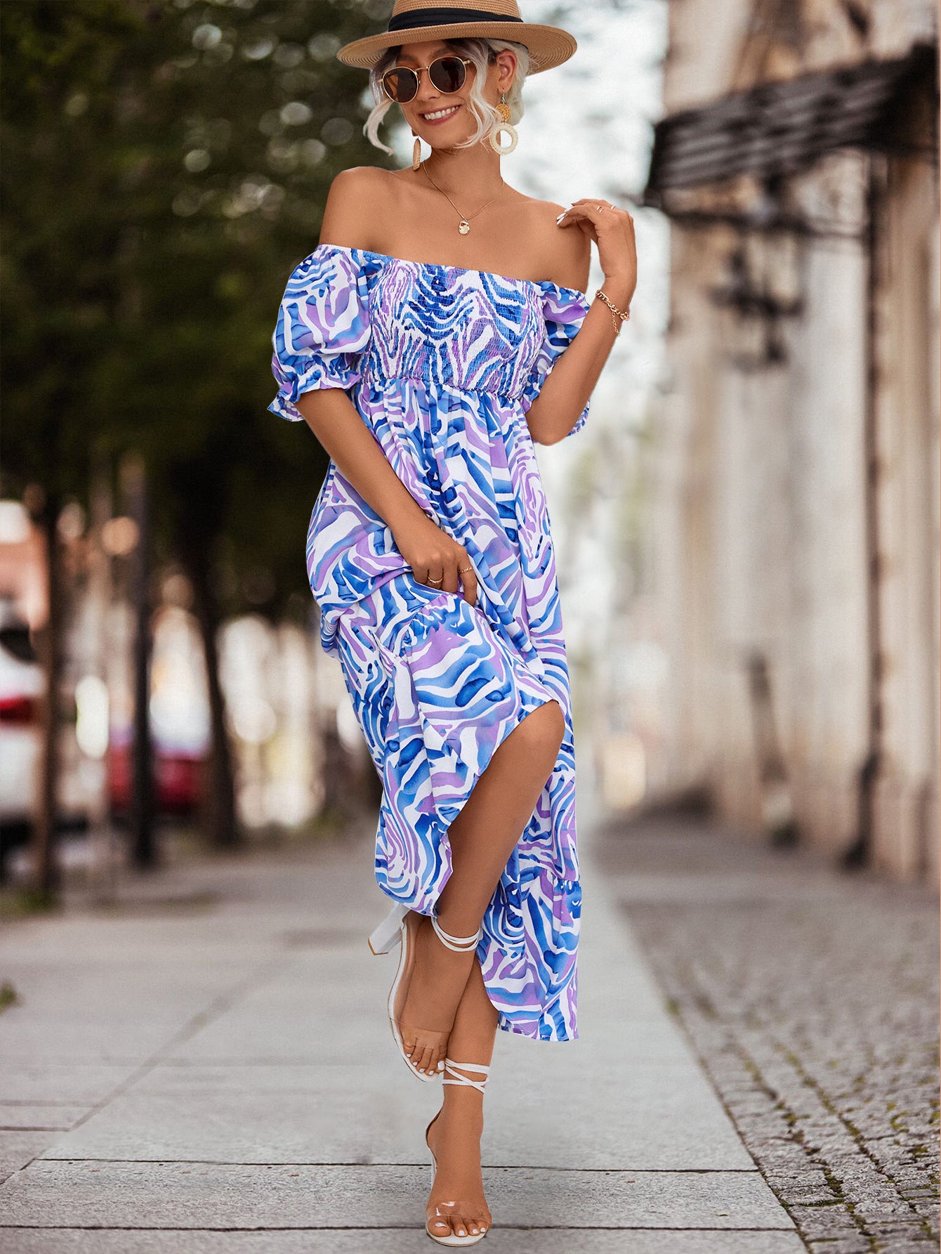 Damen Off-Shoulder Maxikleid mit floralen Akzenten und elastischer Taillierung Sovae