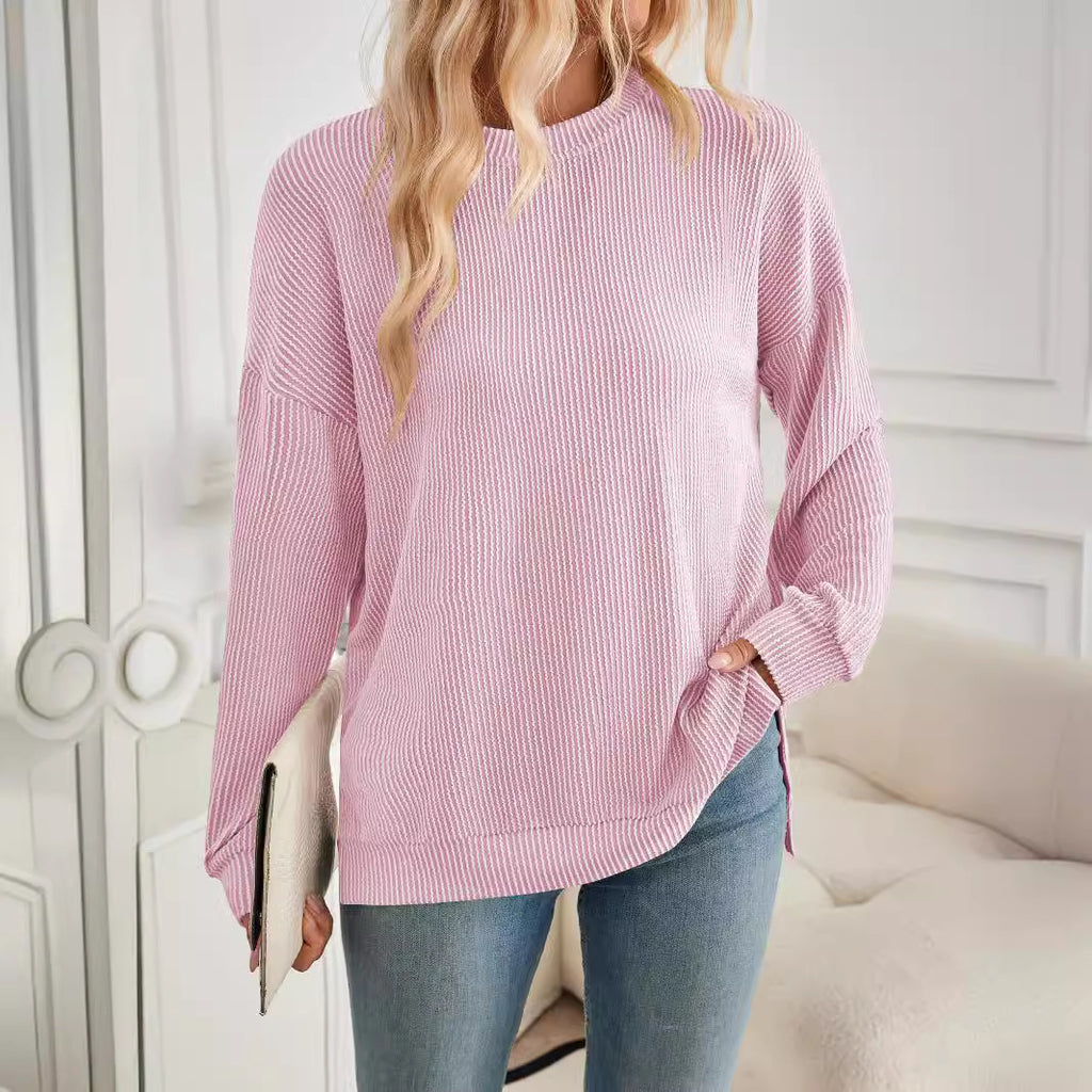 Damen lässiger Rippstrickpullover mit überschnittenen Schultern und Seitenschlitzen Sovae