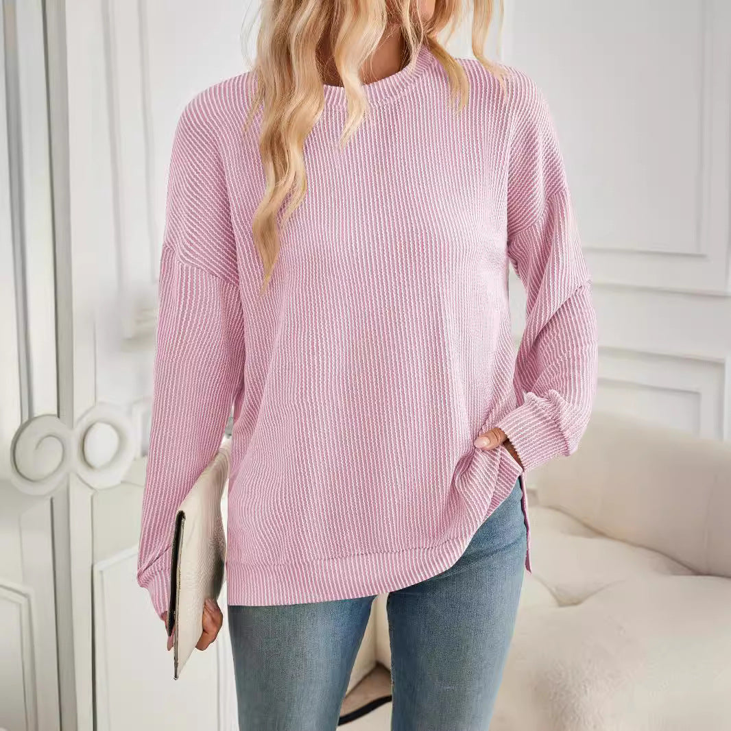 Damen lässiger Rippstrickpullover mit überschnittenen Schultern und Seitenschlitzen Sovae