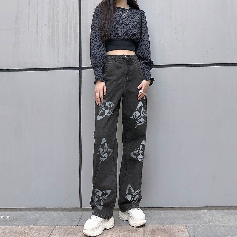 Damen modische Blumen-Print Jeans Sovae