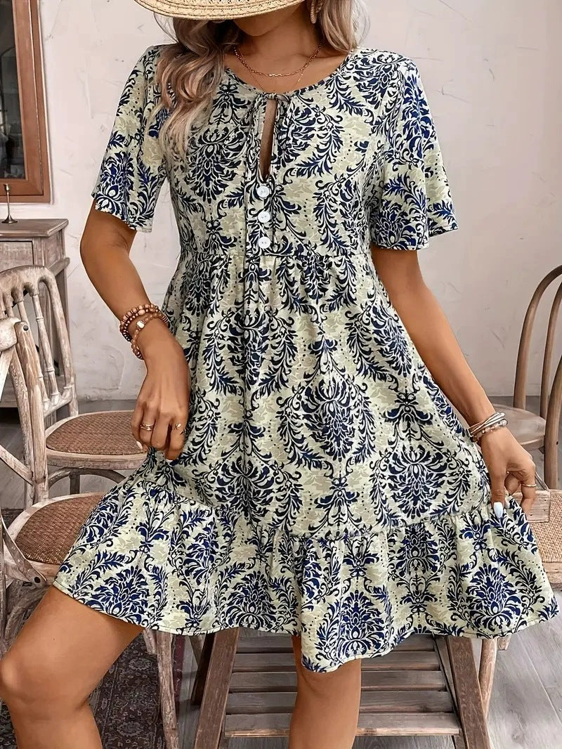 Damen Midi-Kleid mit verspieltem Muster und Knopfleiste Sovae