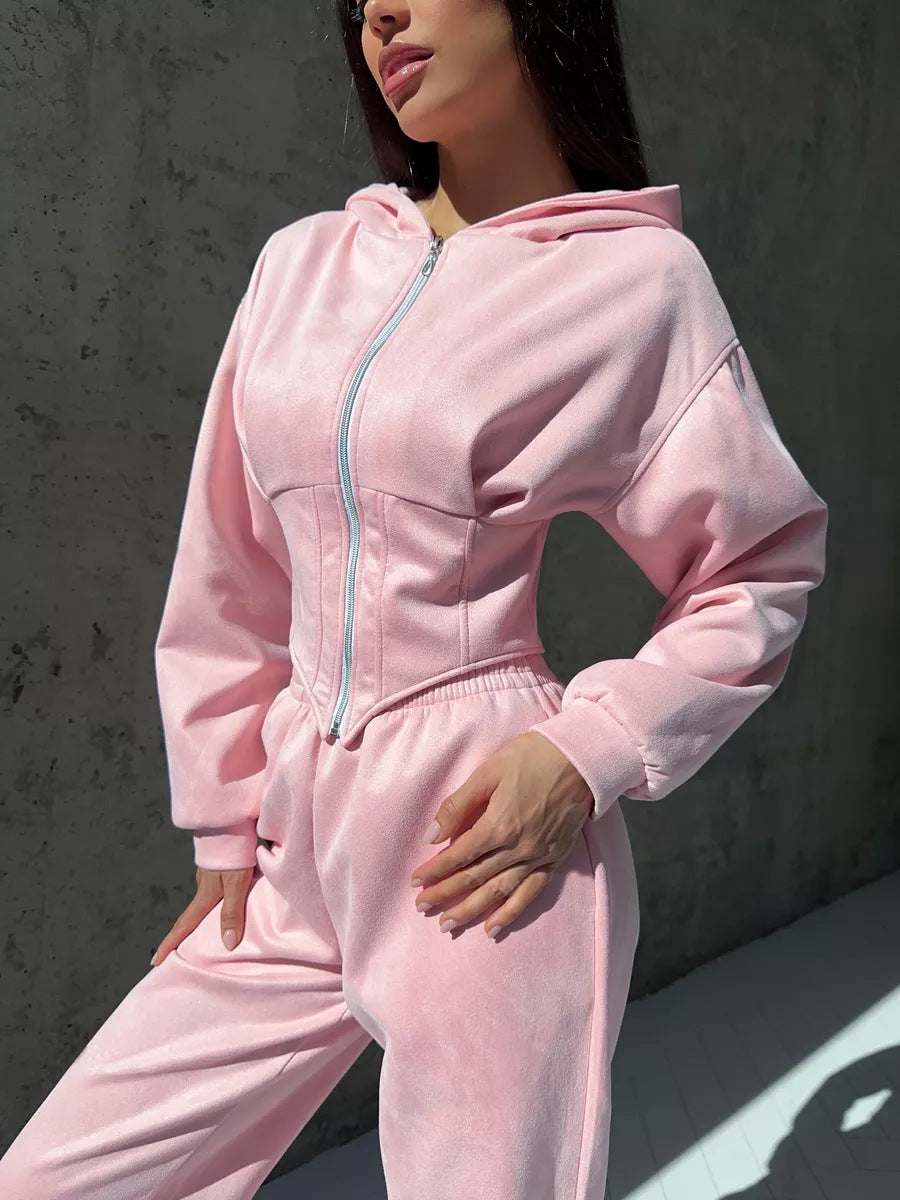 Damen sportlicher Jumpsuit mit Reißverschluss und Kapuze Sovae