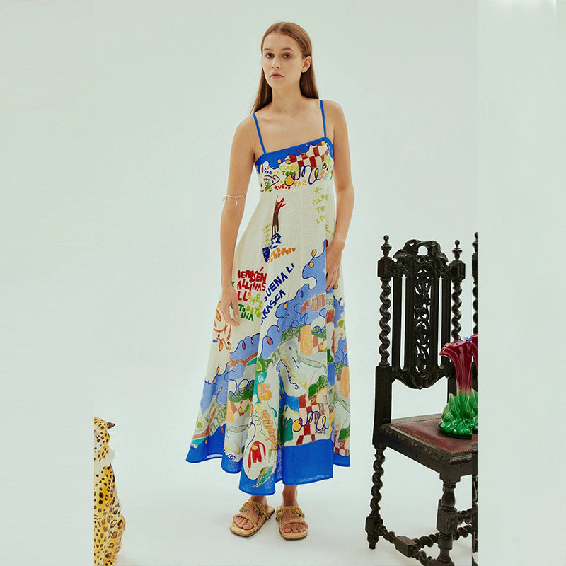 Damen Maxikleid mit buntem grafischen Design und verstellbaren Trägern Sovae