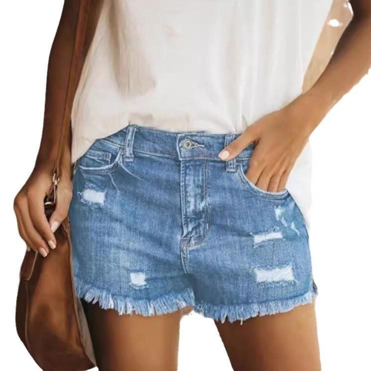 Damen Zerrissene Denim-Shorts mit fransigen Säumen Sovae