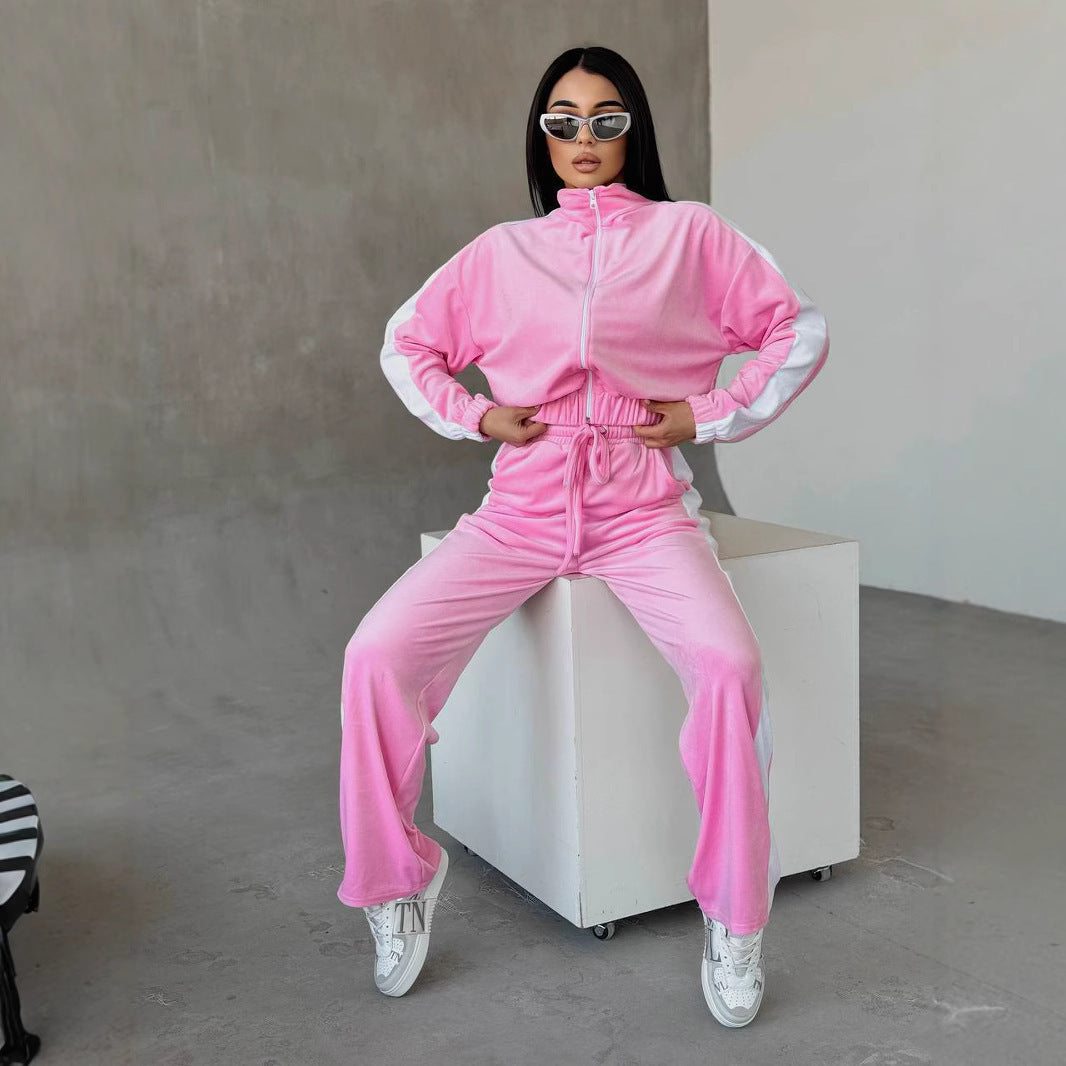 Damen Velours Freizeitanzug mit Reißverschluss Sovae