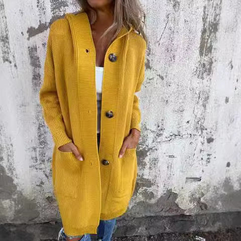 Damen lange Strickjacke mit Kapuze und Taschen Sovae