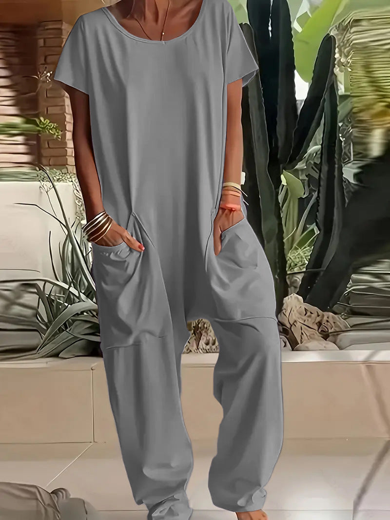 Damen lässiger Jumpsuit mit tiefem V-Ausschnitt und praktischen Taschen Sovae