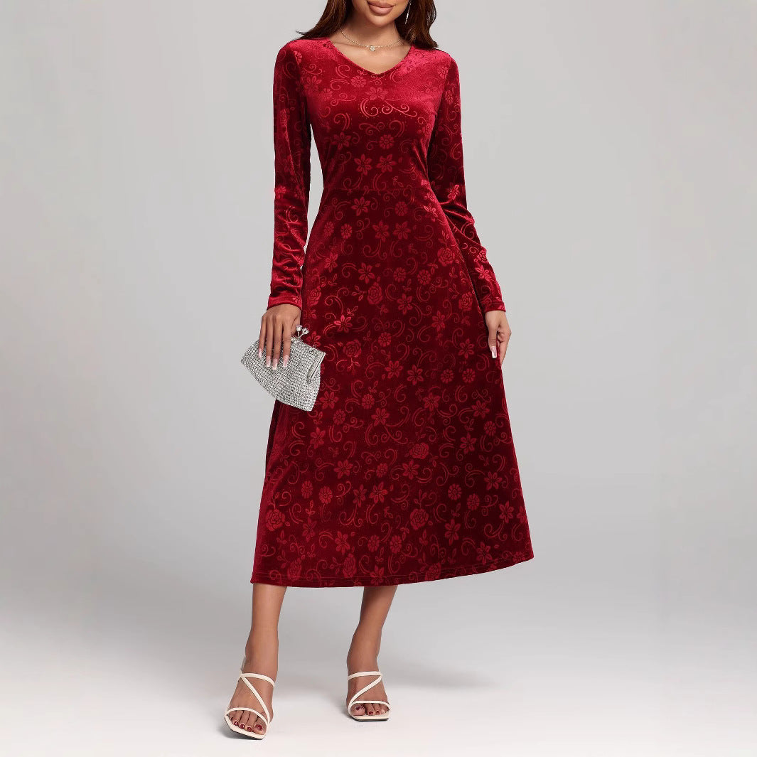 Damen Samt-Maxikleid mit floralen Mustern und langem Arm Sovae