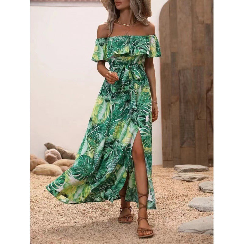 Damen Maxikleid mit Off-Shoulder-Ausschnitt und tiefem Schlitz Sovae