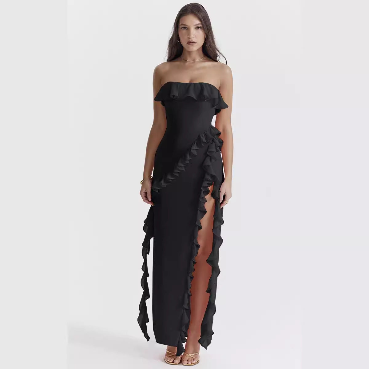 Damen elegantes, schulterfreies Maxikleid mit Rüschendetails Sovae