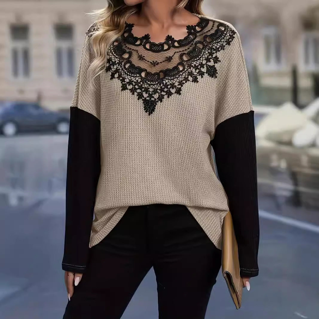 Damen Elegantes Strickoberteil mit gehäkeltem Spitzenkragen Sovae