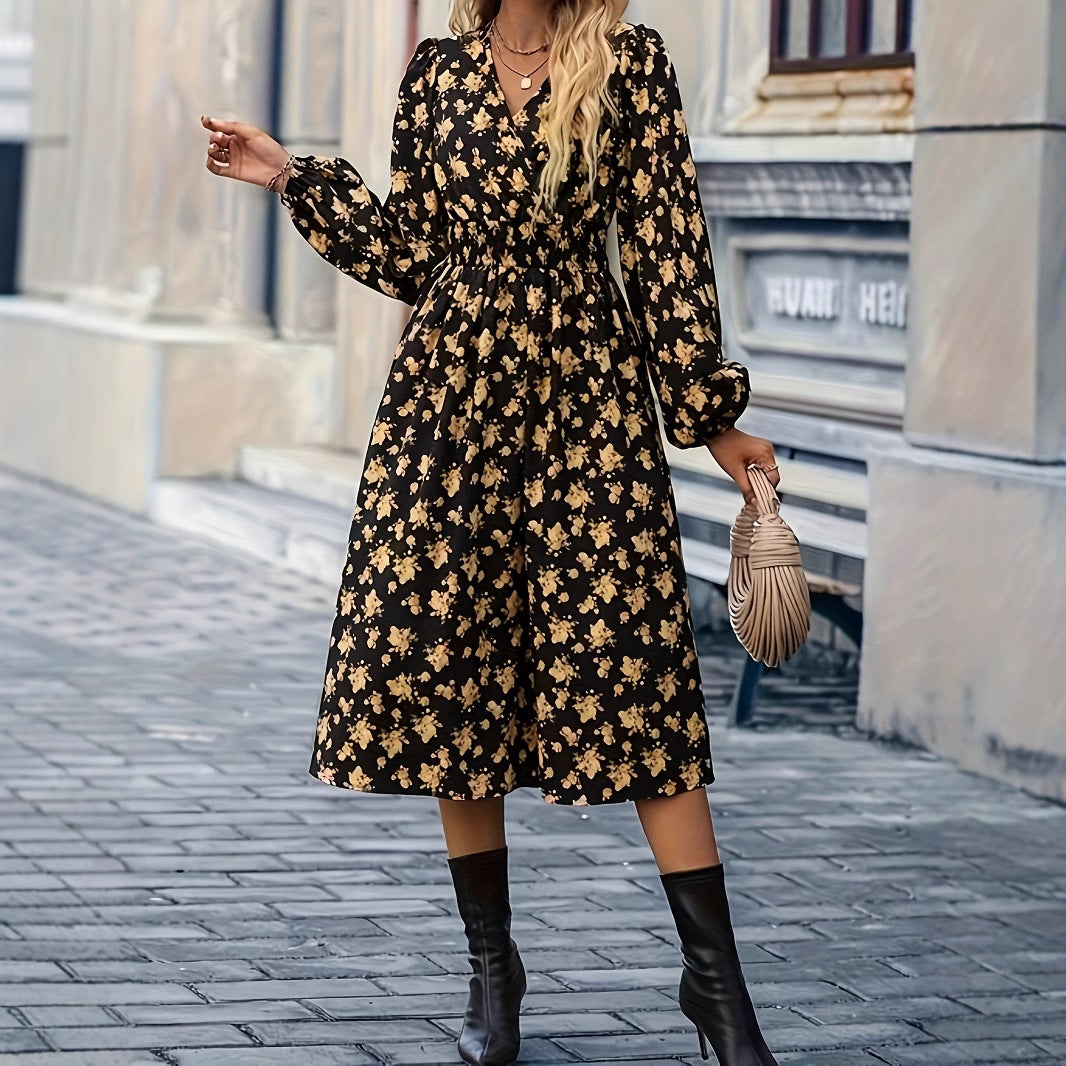 Damen Midikleid mit V-Ausschnitt und blumigem Design Sovae