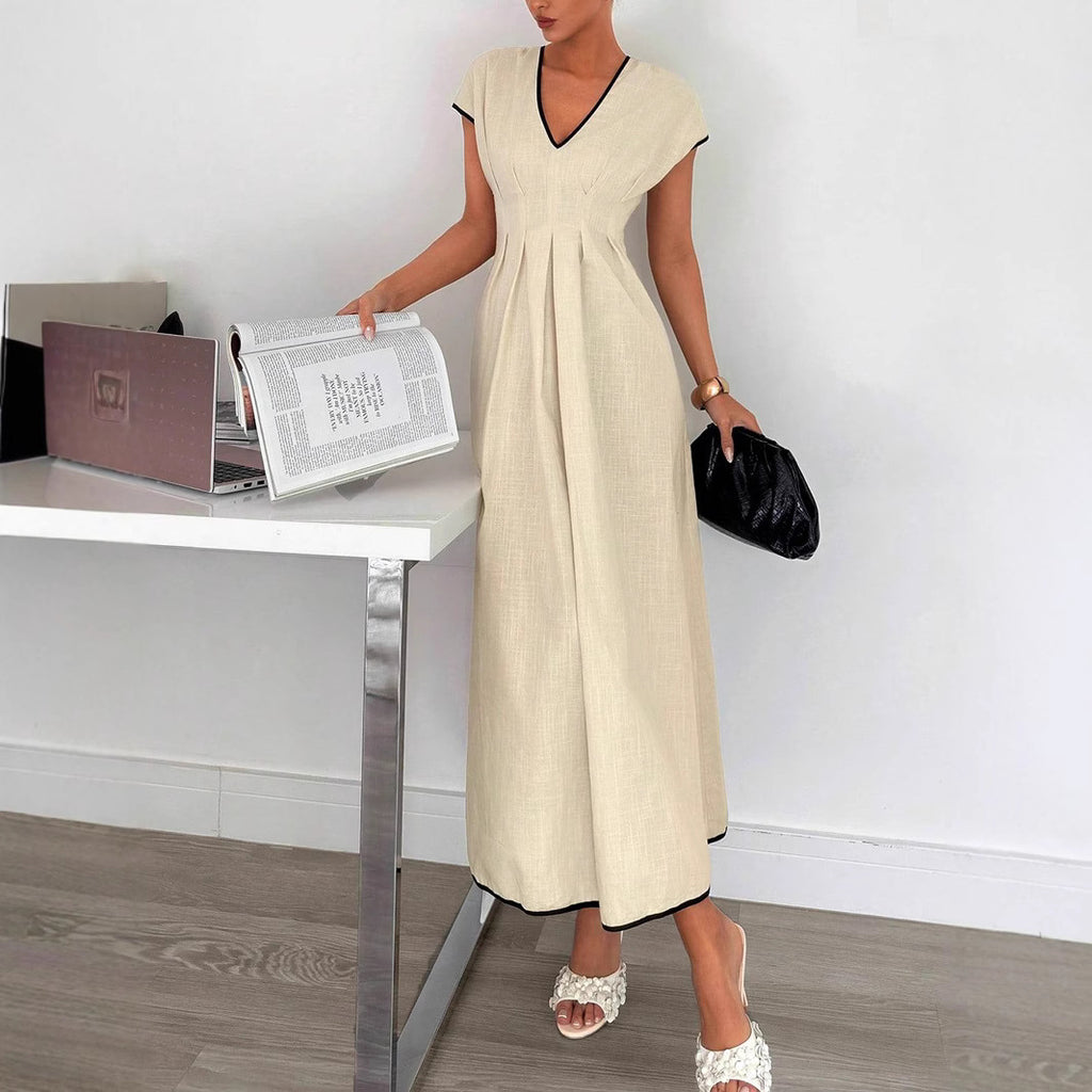 Damen Midi-Kleid mit tiefem V-Ausschnitt und schmeichelndem Faltenwurf Sovae