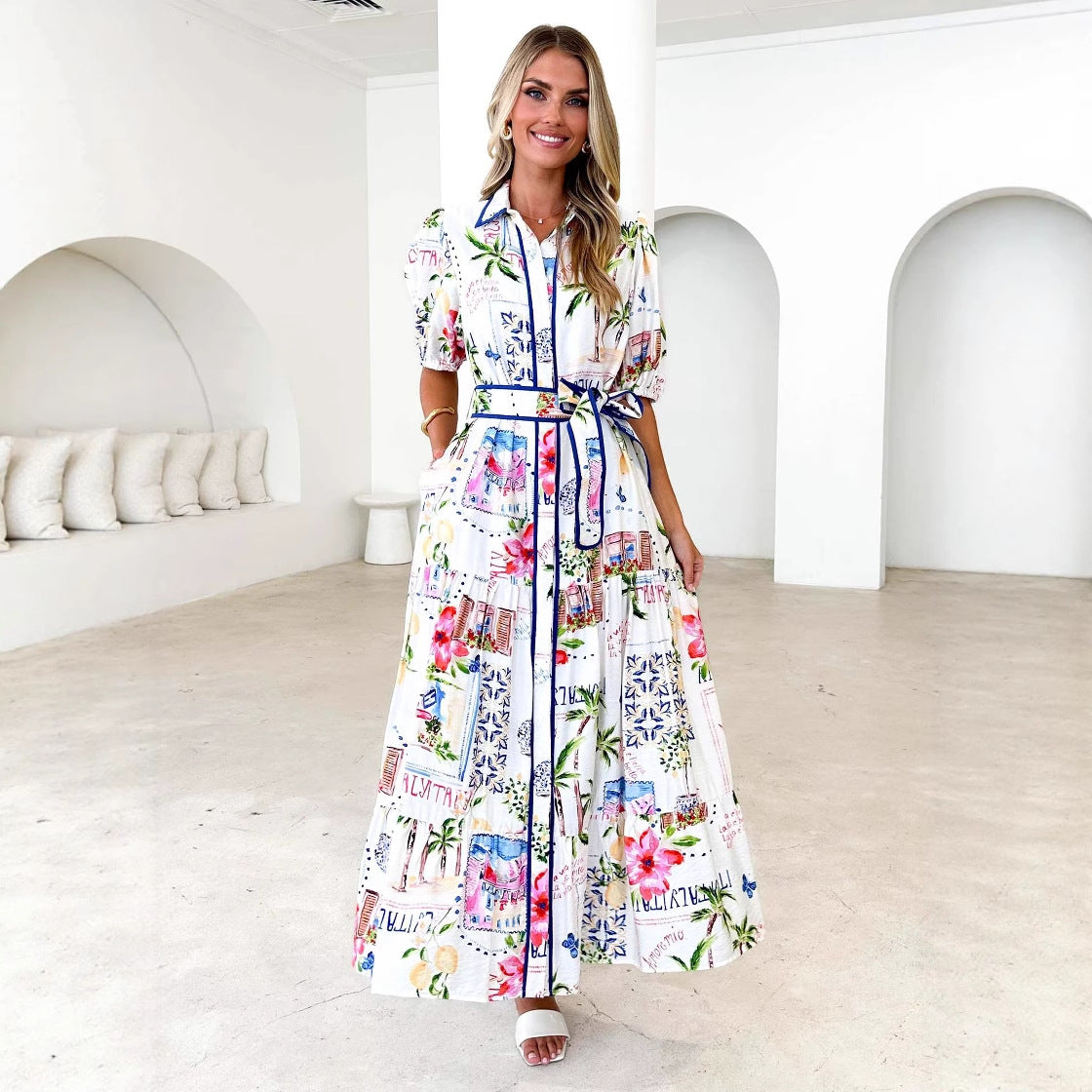 Damen Maxi-Kleid mit fröhlichem Blumen- und Postkarten-Design Sovae