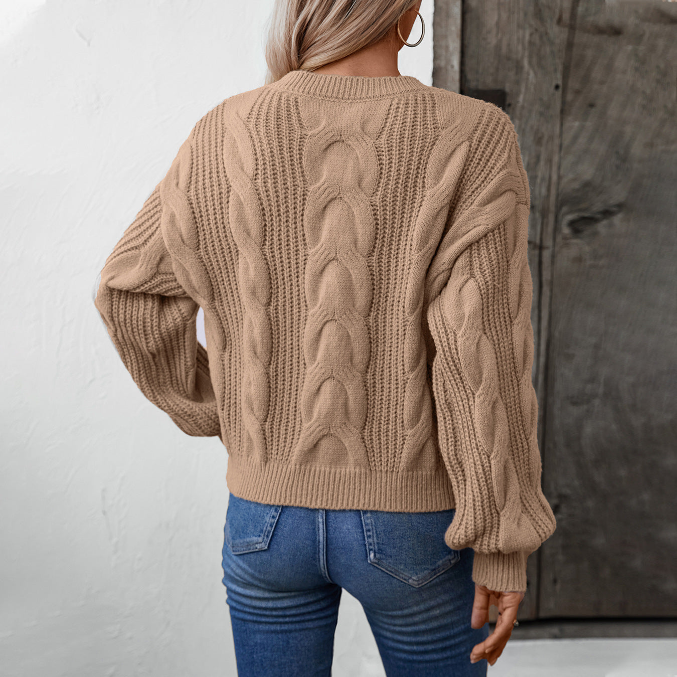 Damen grob gestrickter Pullover mit voluminösen Ärmeln und Zopfmuster Sovae