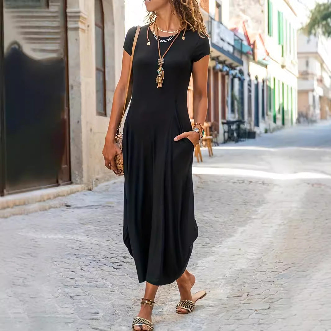 Damen lässiges Maxikleid mit seitlichen Taschen und Rundhalsausschnitt Sovae