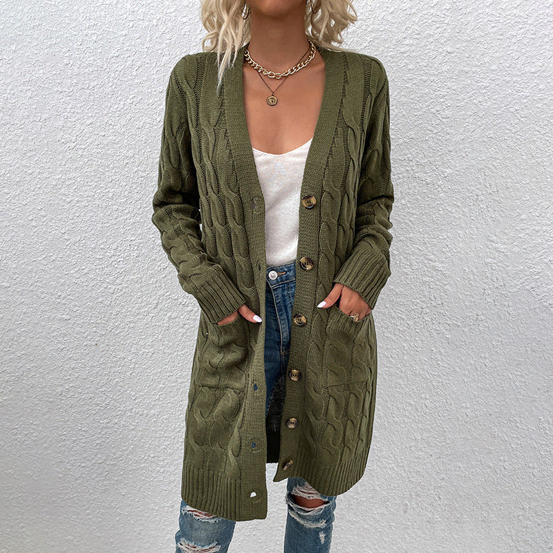 Damen Strickjacke mit tiefem V-Ausschnitt und elegantem Zopfmuster Sovae