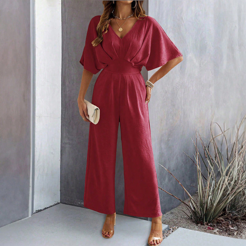 Damen stilvoller Jumpsuit mit V-Ausschnitt und Weitem Bein Sovae