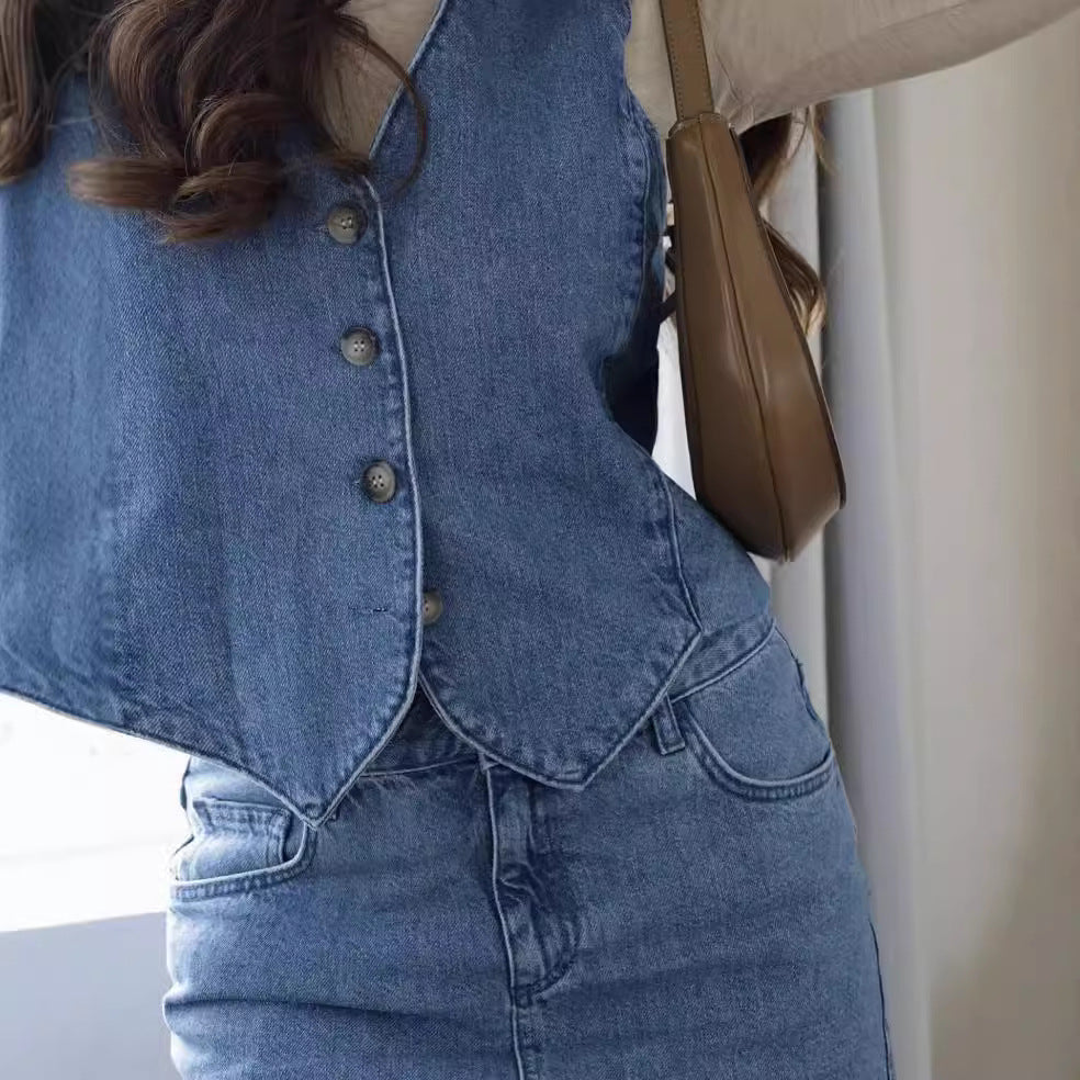 Damen elegante Jeansweste mit Knopfleiste und V-Ausschnitt Sovae