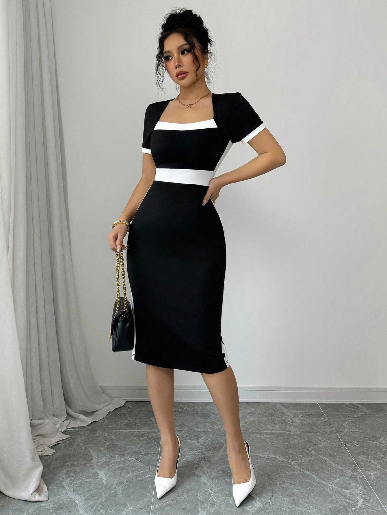 Damen figurbetontes Midi-Kleid mit Kontrastdetails Sovae