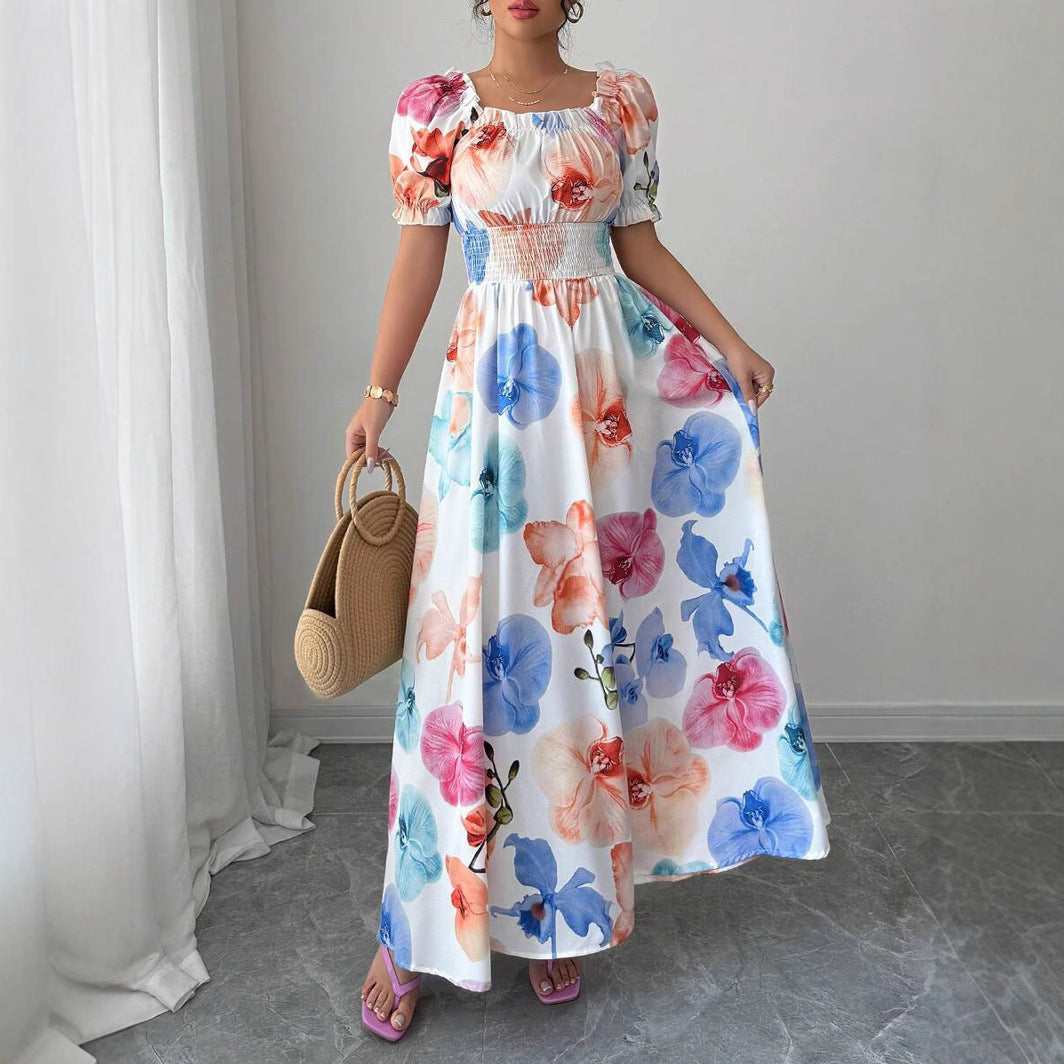 Damen Maxikleid mit floralen Akzenten und Puffärmeln Sovae
