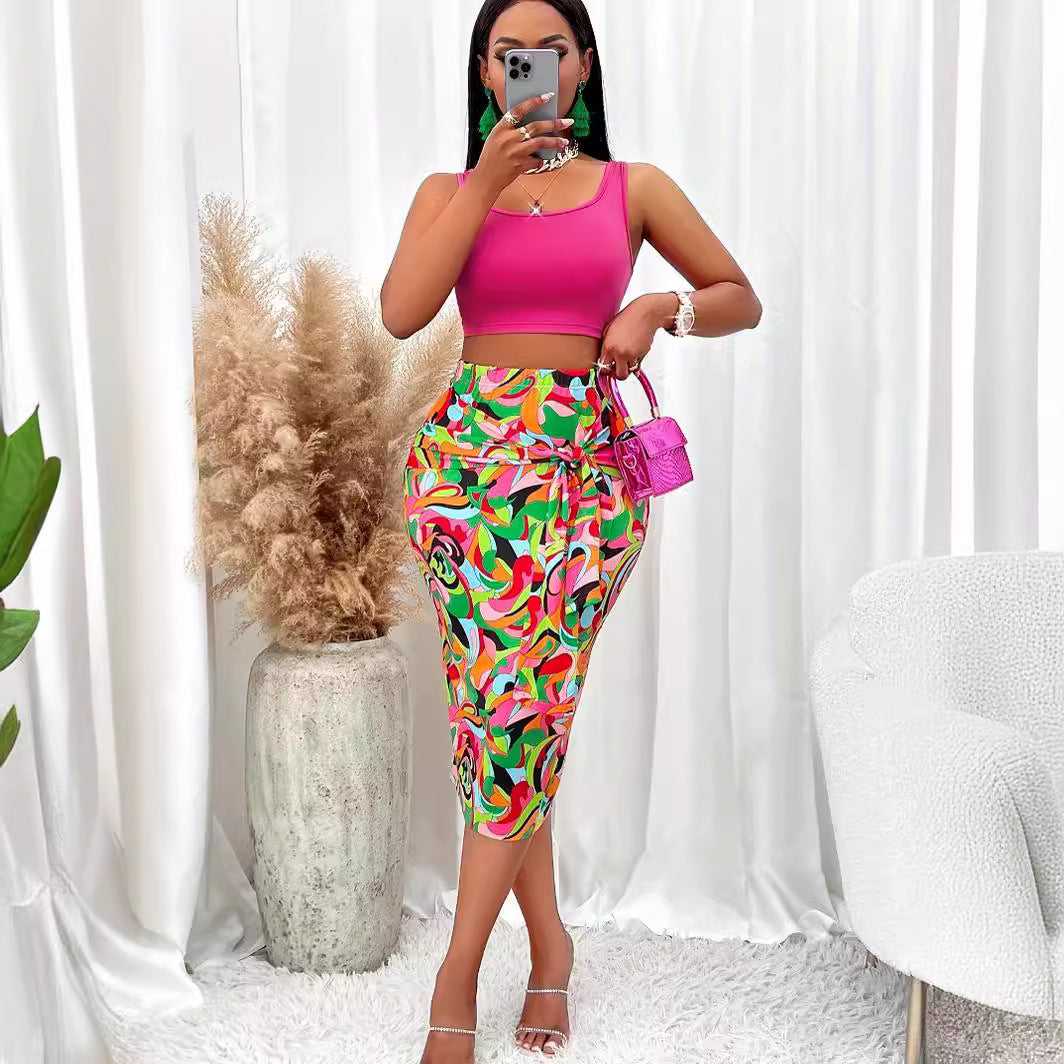 Damen Bunter Midirock mit seitlichem Knoten Sovae