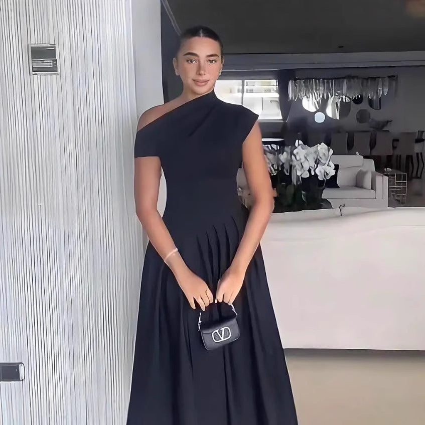Damen Elegantes Maxikleid mit asymmetrischem One-Shoulder-Ausschnitt und fliessendem Rock Sovae