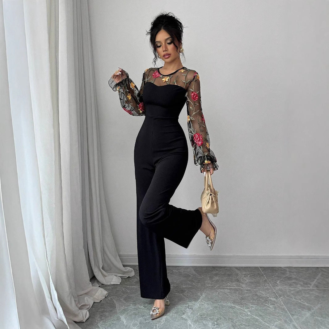 Damen Eleganter Jumpsuit mit bestickten transparenten Ärmeln Sovae