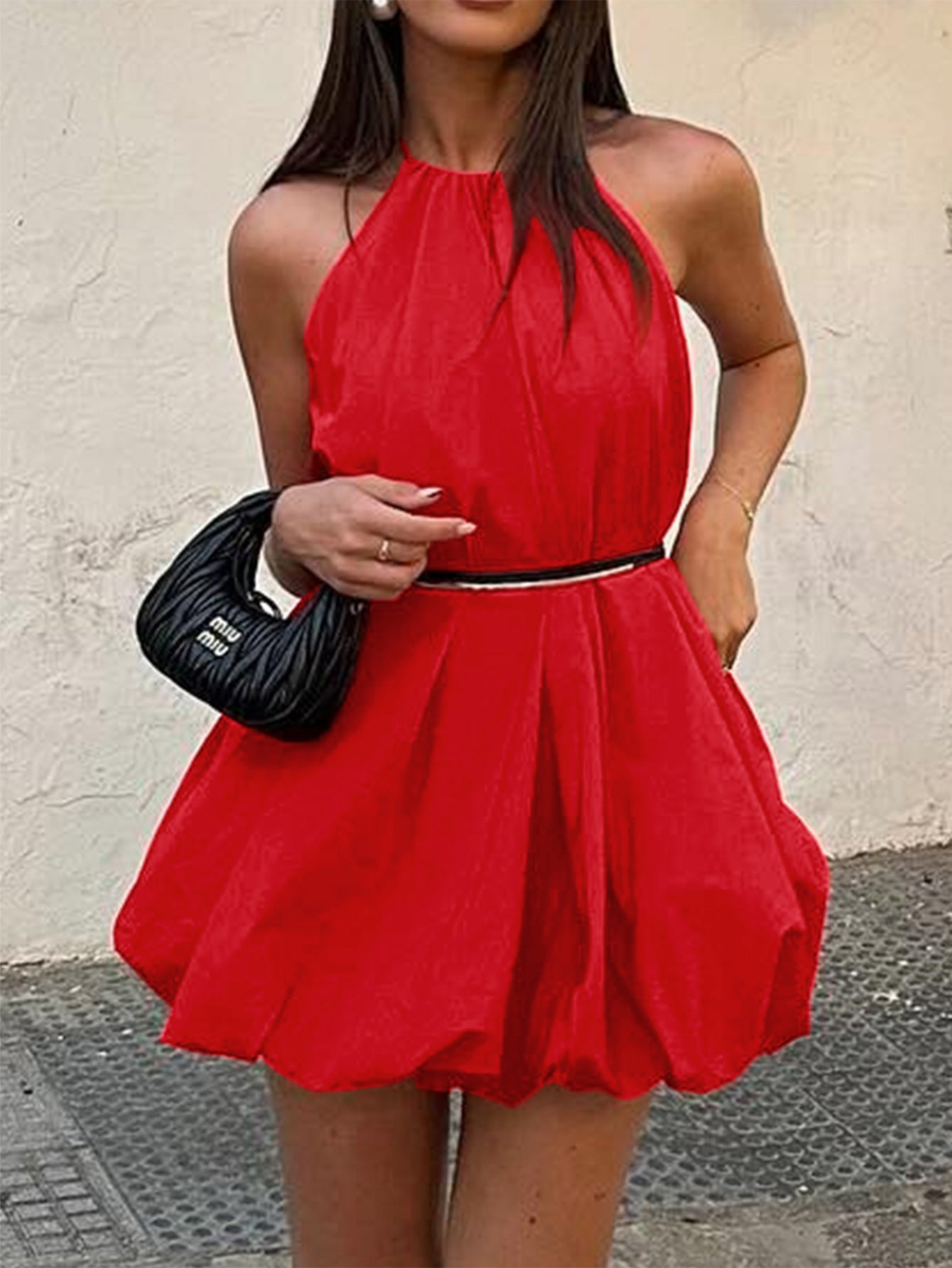 Damen Halter Minikleid mit voluminösem rock und elastischem Taillenbund Sovae