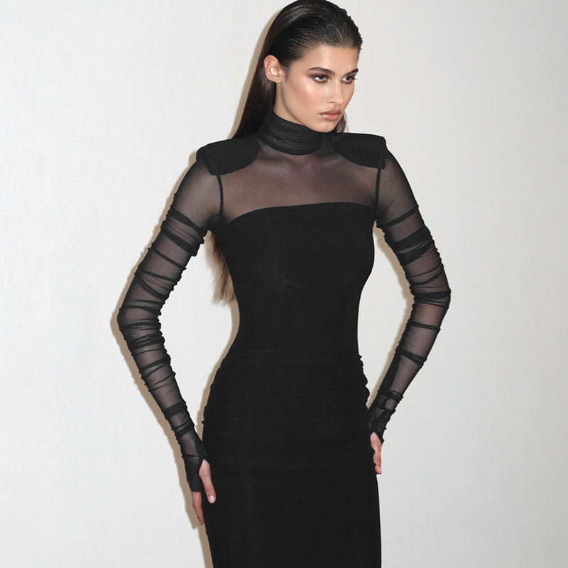 Damen Elegantes Maxikleid mit transparenten Ärmel und Stehkragen Sovae