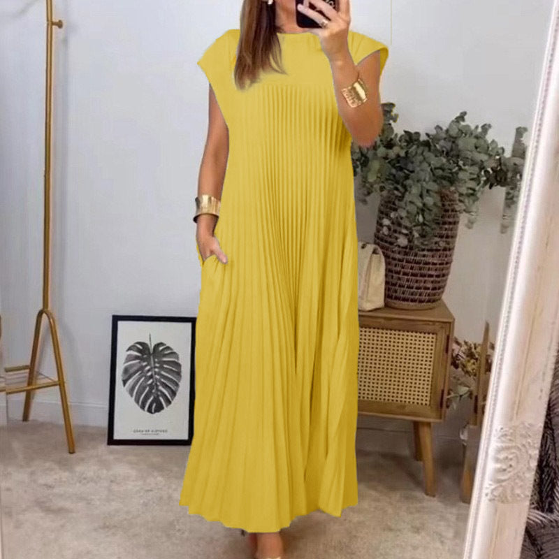 Damen Plissee Maxikleid mit praktischem Taschen und elegantem Schnitt Sovae