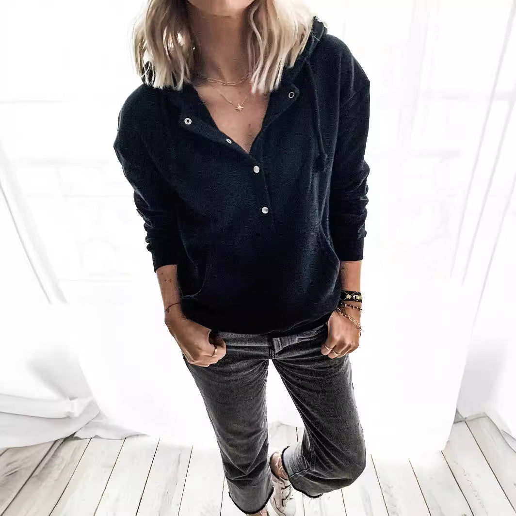 Damen Kapuzenpullover mit Knopfleiste und Taschen Sovae