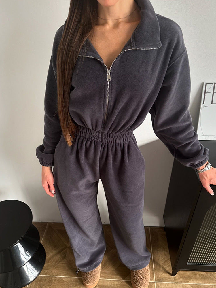 Damen Fleece-Loungeanzug mit hohem Kragen und elastischer Taille Sovae