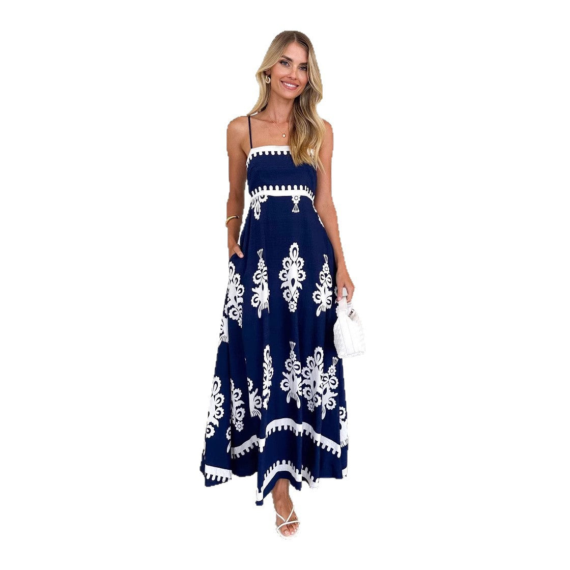 Damen Maxi-Kleid mit verzierten Trägern und elegantem Muster Sovae