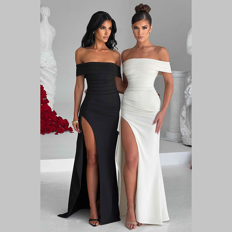 Damen Off-Shoulder Maxikleid mit hohem Schlitz und raffinierten Drapierungen Sovae
