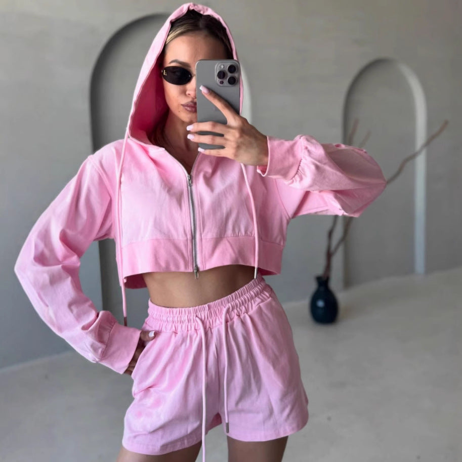 Damen Freizeit-Crop-Set mit Hoodie und Shorts Sovae