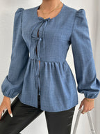 Damen Bluse mit geraffter Taille und ballonförmigen Ärmeln Sovae